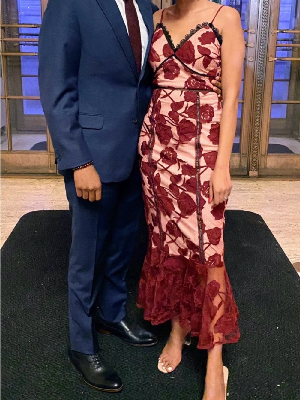 Lulu's Burgundy Floral Lace on Nude Midi Dress
